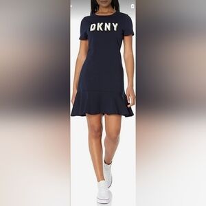 DKNY Sport Women's Logo-Print T-Shirt Dress Navy Blue Ruffle Hem Cotton Sz S